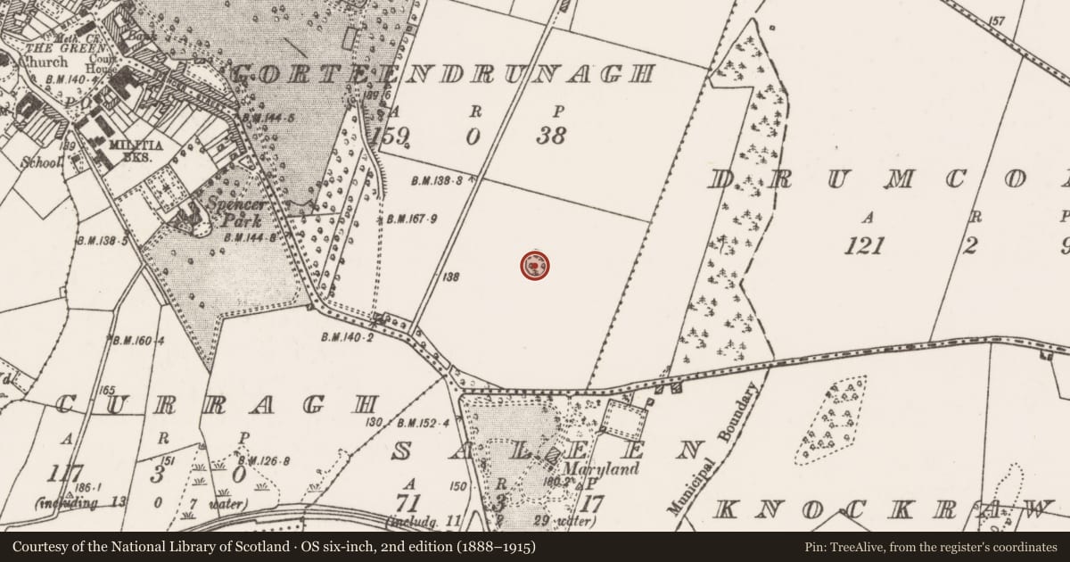 Ordnance Survey six-inch map, 2nd edition (1888–1915) covering the location of Earthwork, Gorteendrunagh, County Mayo, with a pin at the register's coordinates