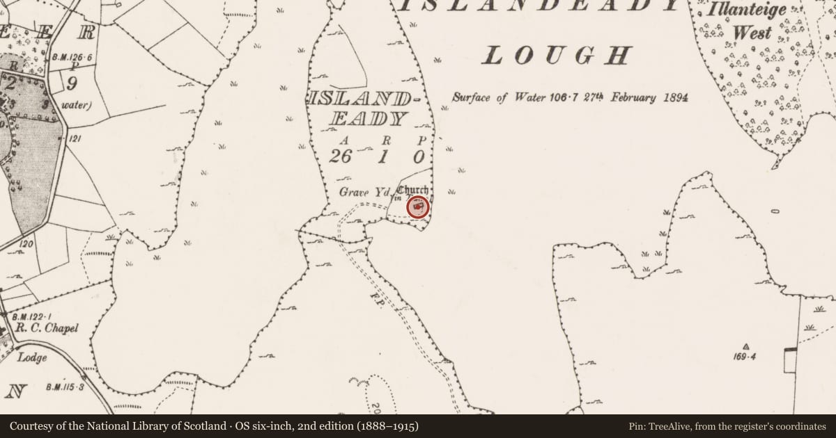 Ordnance Survey six-inch map, 2nd edition (1888–1915) covering the location of Church, Islandeady, County Mayo, with a pin at the register's coordinates