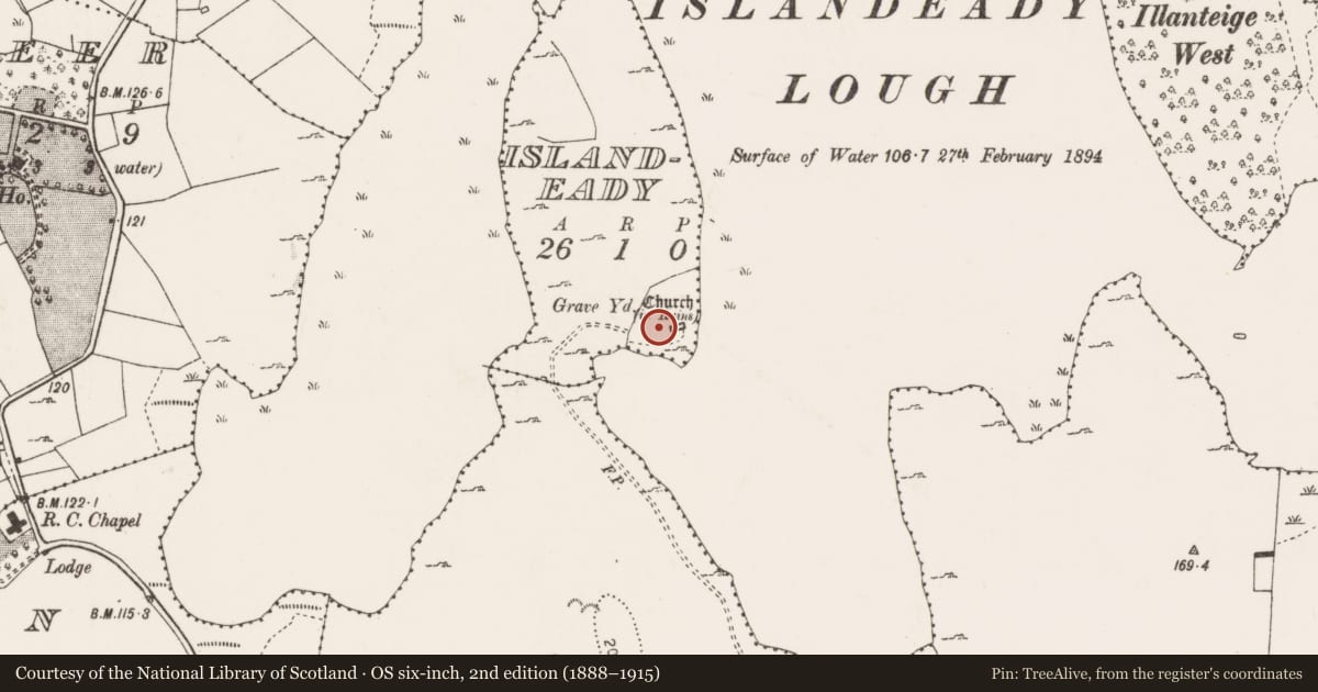 Ordnance Survey six-inch map, 2nd edition (1888–1915) covering the location of Graveyard, Islandeady, County Mayo, with a pin at the register's coordinates