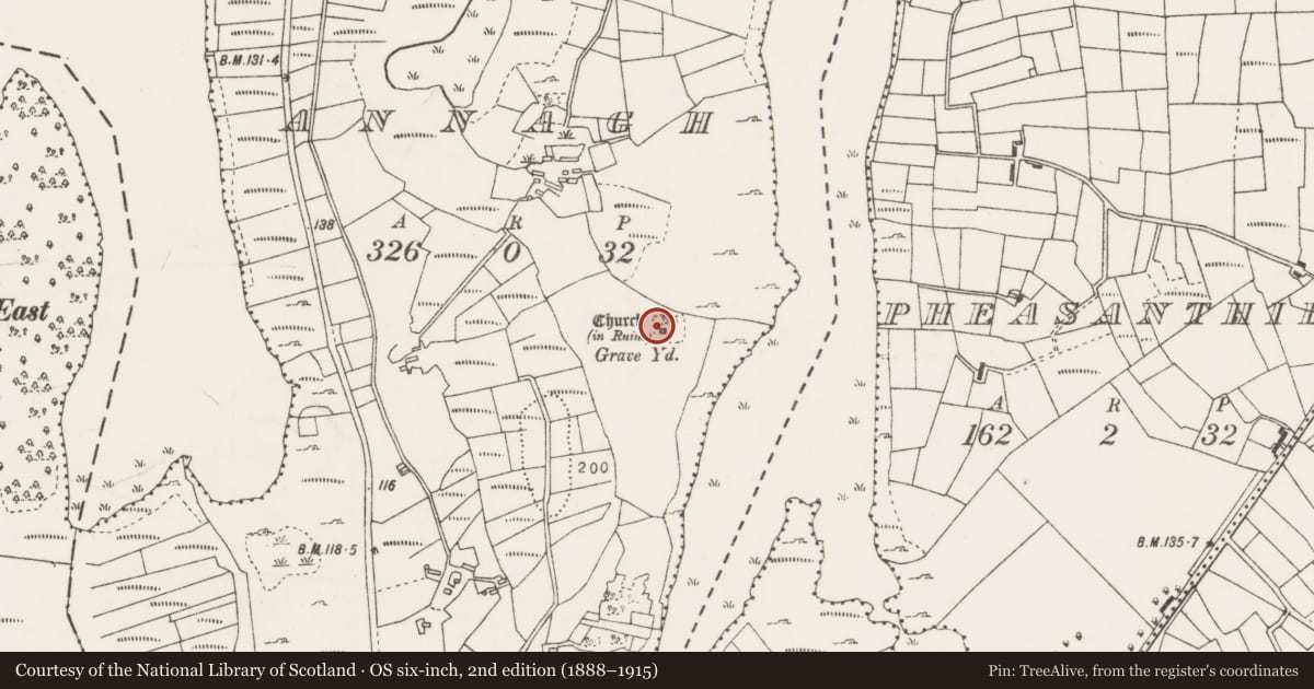 Ordnance Survey six-inch map, 2nd edition (1888–1915) covering the location of Graveyard, Annagh, County Mayo, with a pin at the register's coordinates
