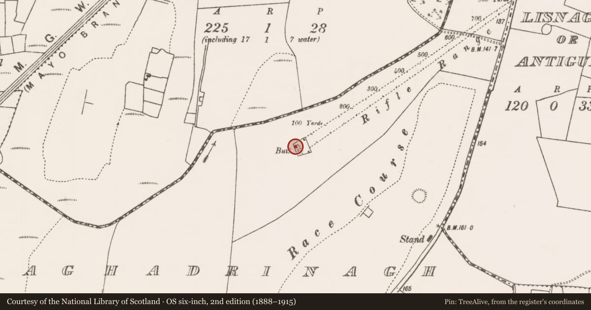 Ordnance Survey six-inch map, 2nd edition (1888–1915) covering the location of Earthwork, Aghadrinagh, County Mayo, with a pin at the register's coordinates