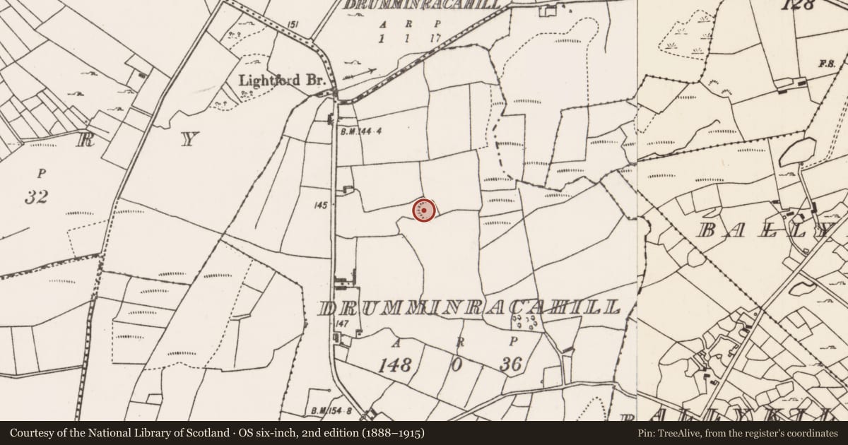 Ordnance Survey six-inch map, 2nd edition (1888–1915) covering the location of Ringfort - rath, Drumminracahill (Carra By., Ballyhean Par.), County Mayo, with a pin at the register's coordinates