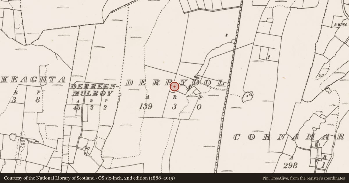 Ordnance Survey six-inch map, 2nd edition (1888–1915) covering the location of Ringfort - rath, Derryool, County Mayo, with a pin at the register's coordinates