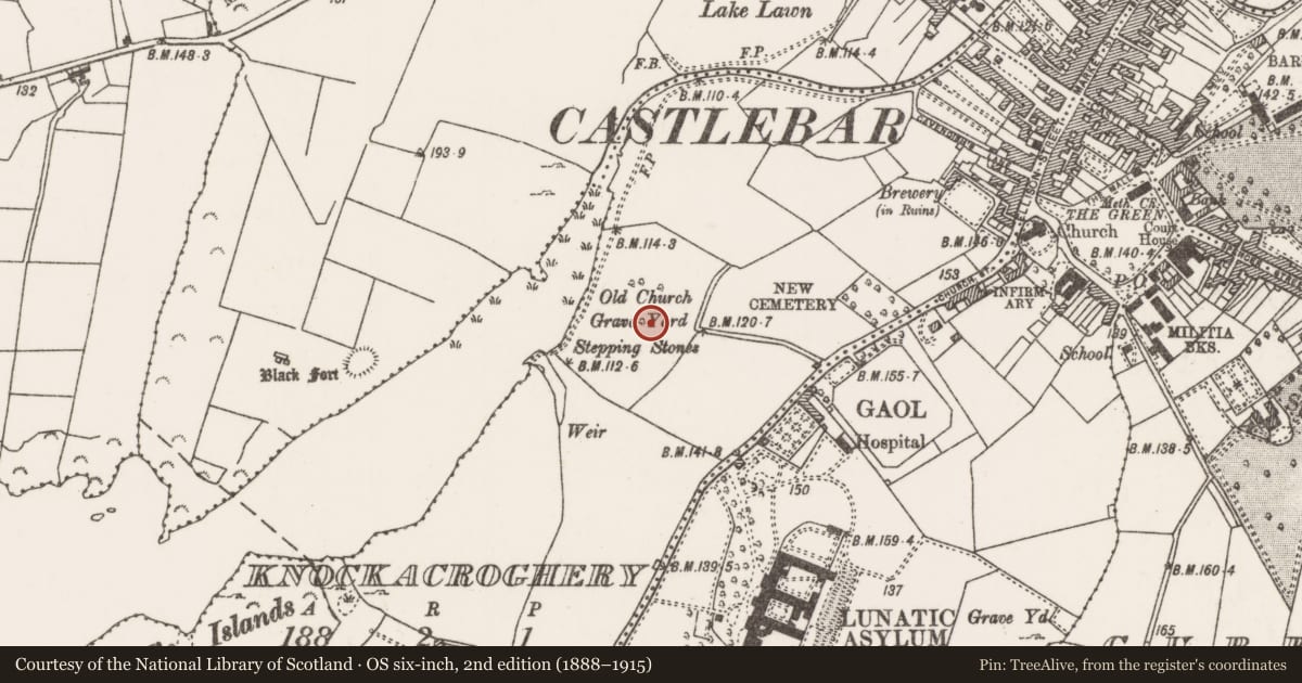 Ordnance Survey six-inch map, 2nd edition (1888–1915) covering the location of Enclosure, Knockacroghery, County Mayo, with a pin at the register's coordinates