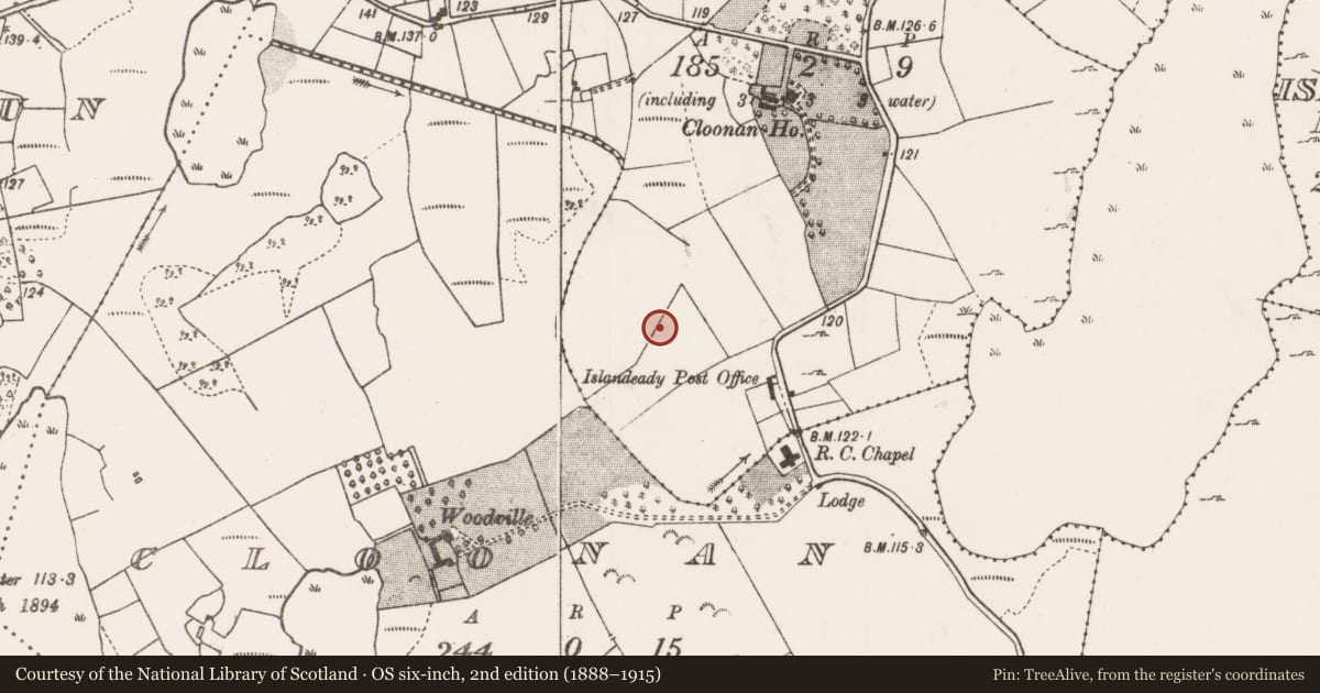 Ordnance Survey six-inch map, 2nd edition (1888–1915) covering the location of Fulacht fia, Rinnaseer, County Mayo, with a pin at the register's coordinates