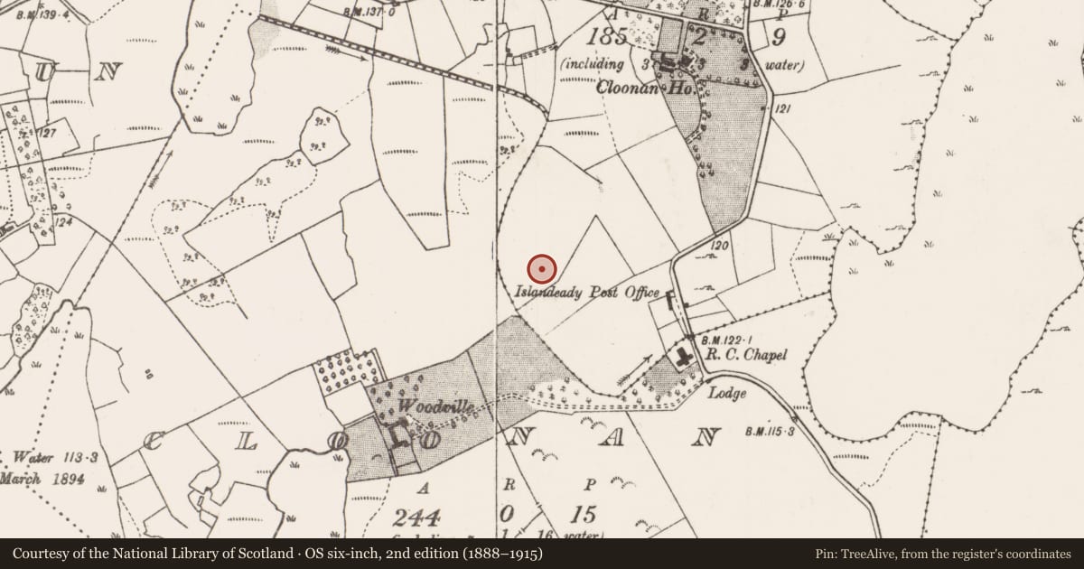 Ordnance Survey six-inch map, 2nd edition (1888–1915) covering the location of Burnt mound, Rinnaseer, County Mayo, with a pin at the register's coordinates