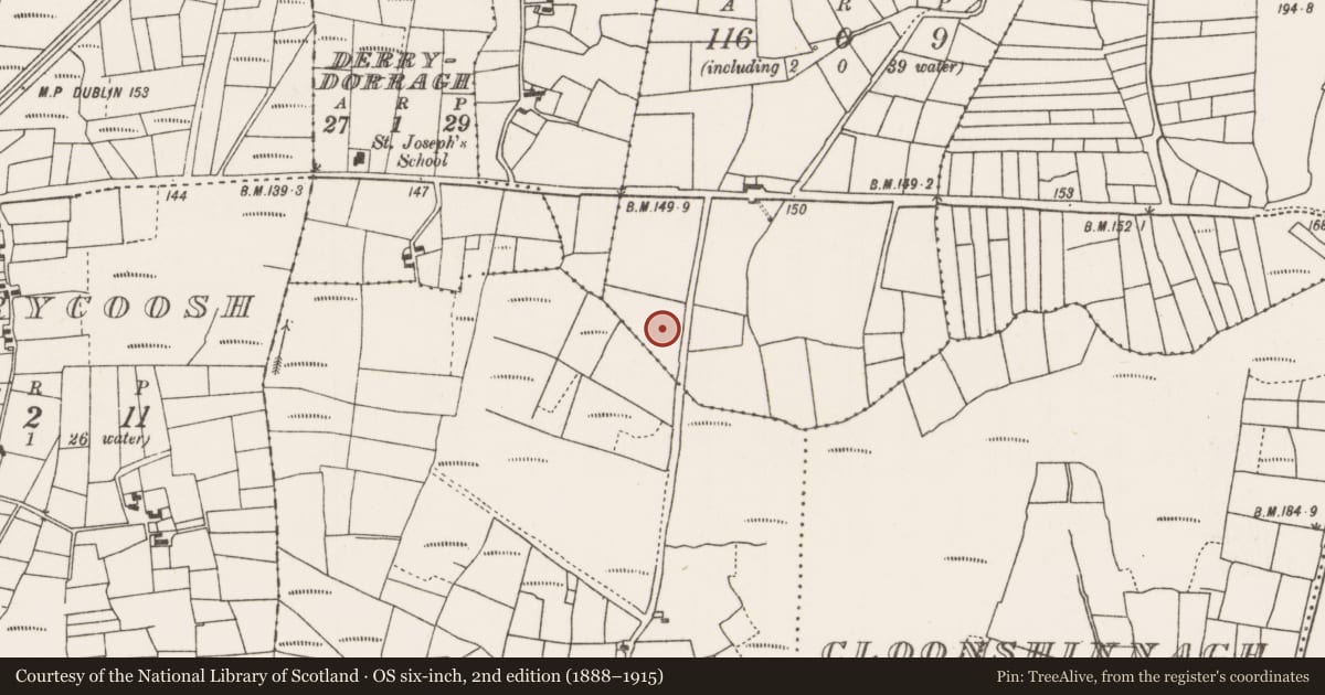 Ordnance Survey six-inch map, 2nd edition (1888–1915) covering the location of Fulacht fia, Derrinlevaun, County Mayo, with a pin at the register's coordinates