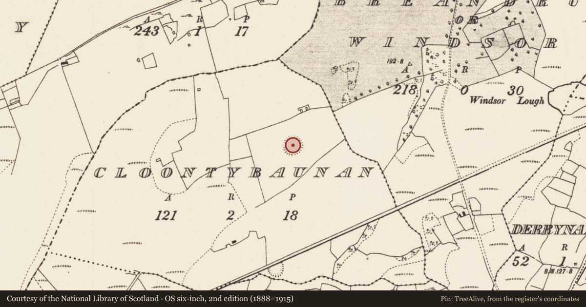 Ordnance Survey six-inch map, 2nd edition (1888–1915) covering the location of Ringfort - rath, Cloontybaunan, County Mayo, with a pin at the register's coordinates