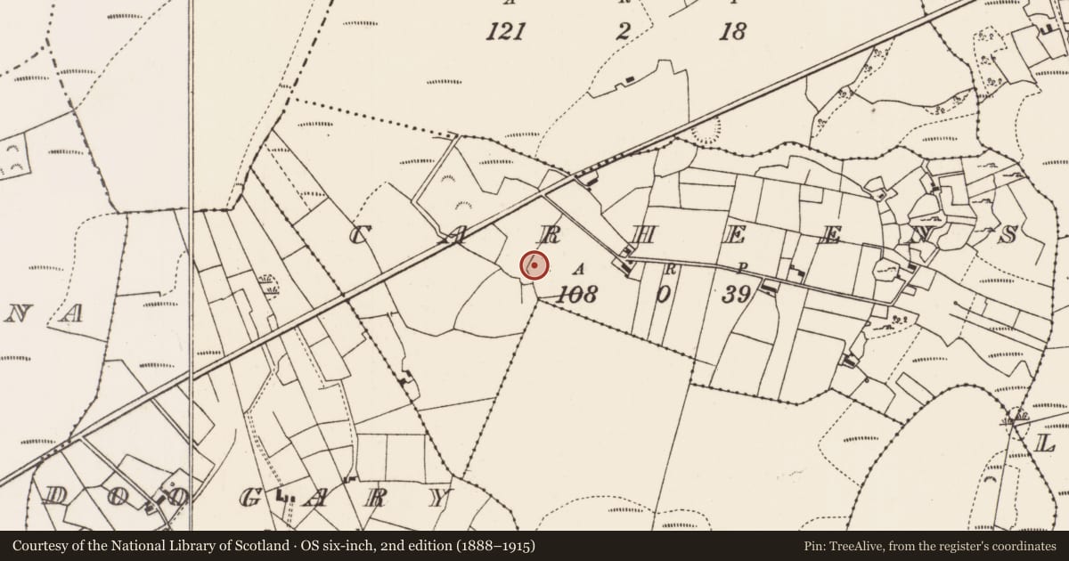 Ordnance Survey six-inch map, 2nd edition (1888–1915) covering the location of Ringfort - rath, Carheens, County Mayo, with a pin at the register's coordinates