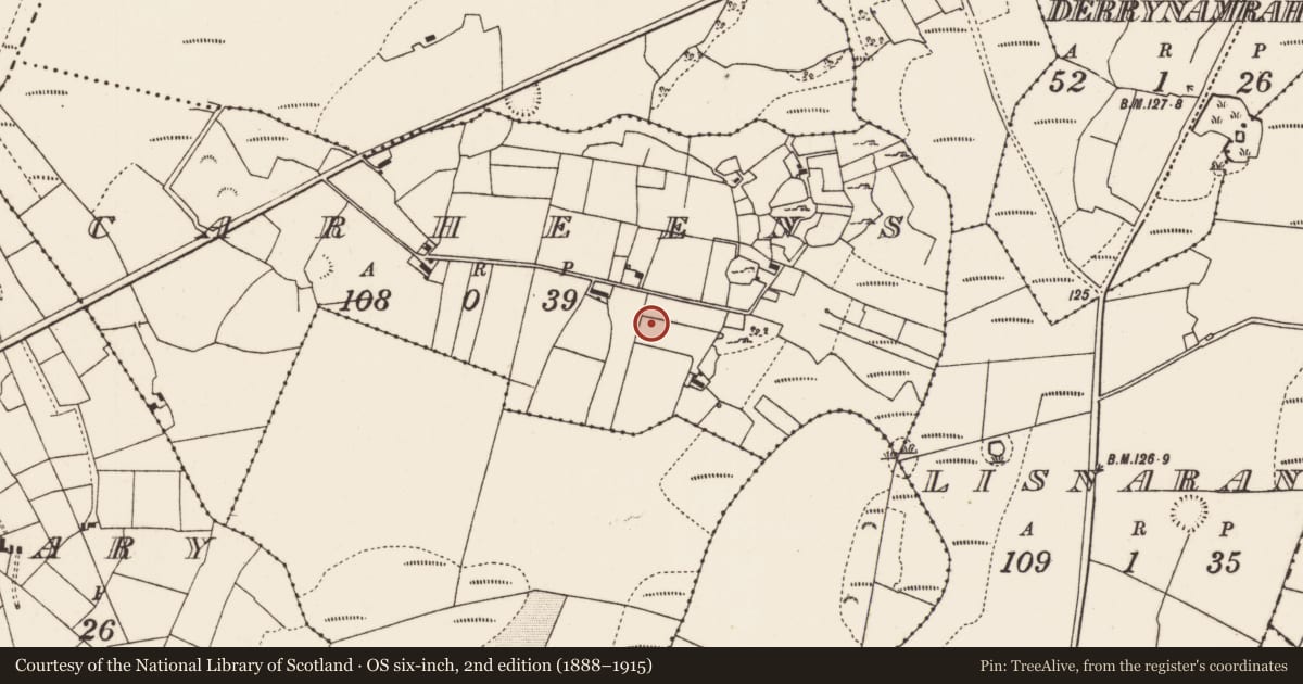 Ordnance Survey six-inch map, 2nd edition (1888–1915) covering the location of Enclosure, Carheens, County Mayo, with a pin at the register's coordinates