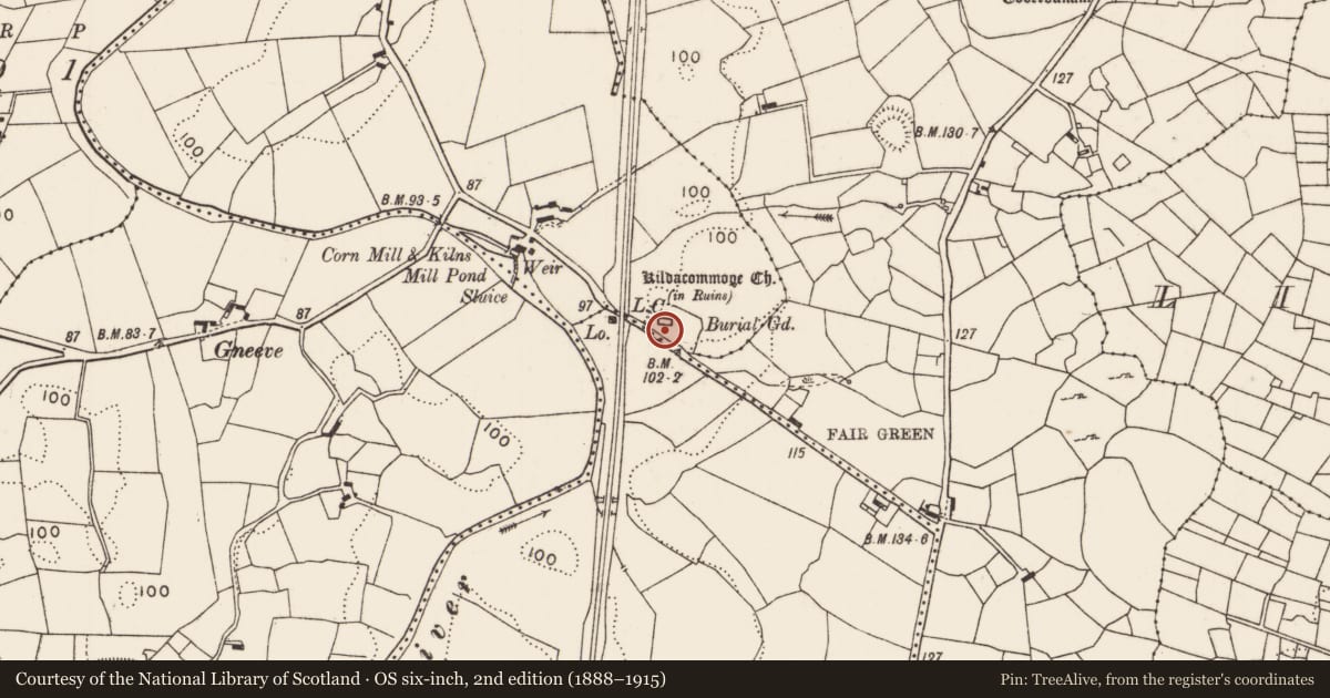 Ordnance Survey six-inch map, 2nd edition (1888–1915) covering the location of Church, Moyhenna, County Mayo, with a pin at the register's coordinates