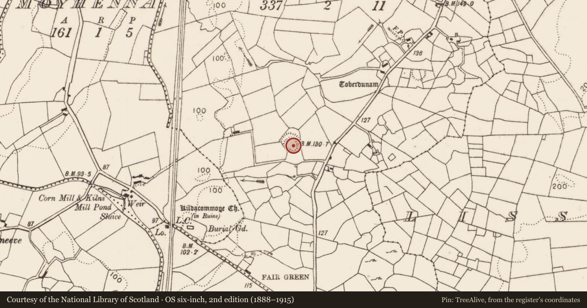 Ordnance Survey six-inch map, 2nd edition (1888–1915) covering the location of Enclosure, Keeloges Old, County Mayo, with a pin at the register's coordinates