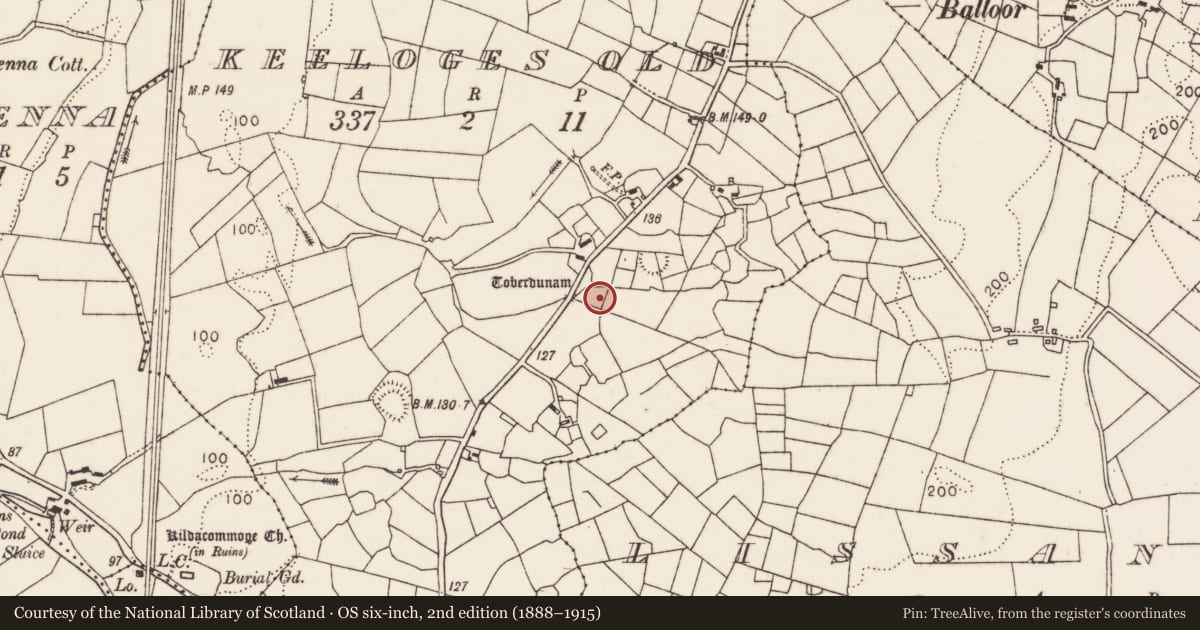 Ordnance Survey six-inch map, 2nd edition (1888–1915) covering the location of Ritual site - holy well, Keeloges Old, County Mayo, with a pin at the register's coordinates