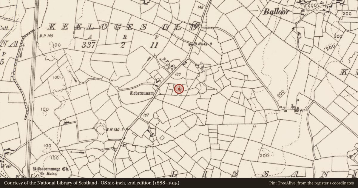 Ordnance Survey six-inch map, 2nd edition (1888–1915) covering the location of Enclosure, Keeloges Old, County Mayo, with a pin at the register's coordinates