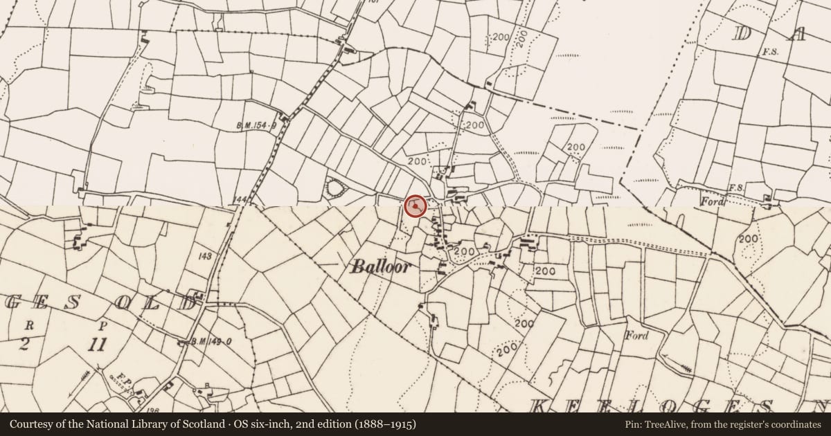 Ordnance Survey six-inch map, 2nd edition (1888–1915) covering the location of Enclosure, Keeloges New, County Mayo, with a pin at the register's coordinates