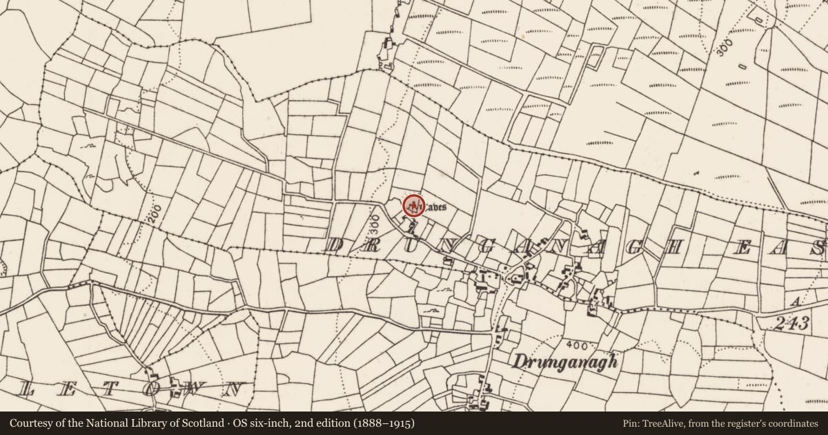 Ordnance Survey six-inch map, 2nd edition (1888–1915) covering the location of Souterrain, Drunganagh East, County Mayo, with a pin at the register's coordinates