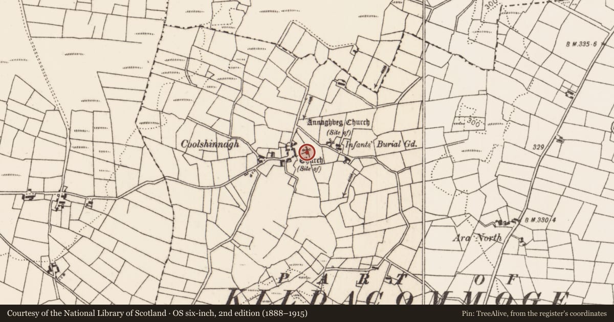 Ordnance Survey six-inch map, 2nd edition (1888–1915) covering the location of Church, Ara, County Mayo, with a pin at the register's coordinates