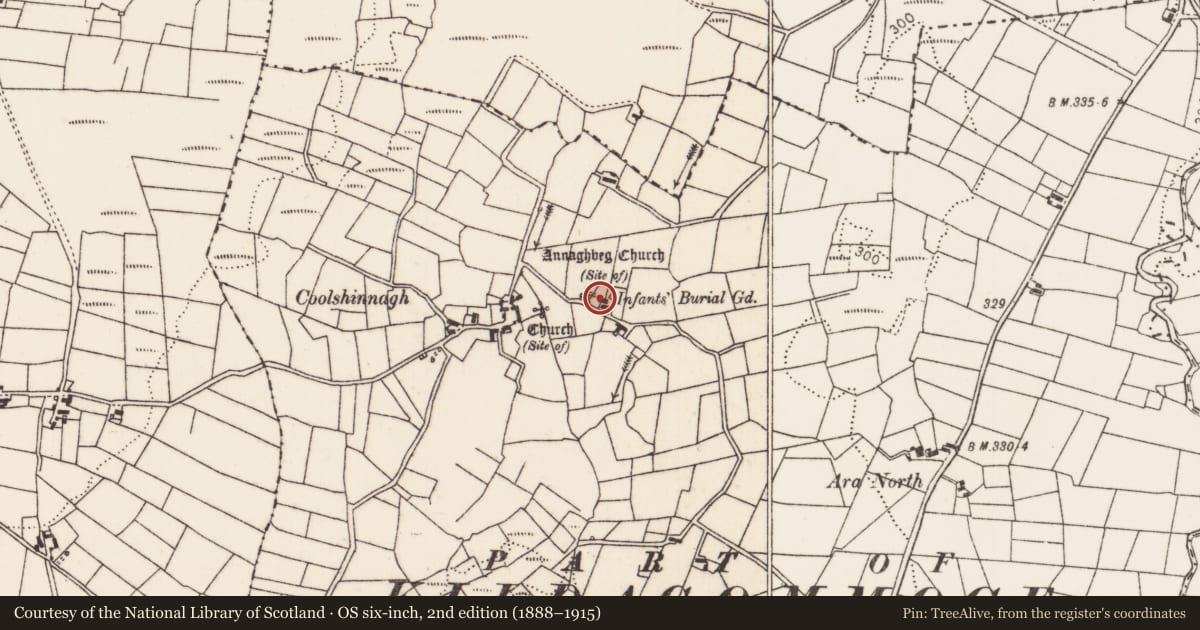 Ordnance Survey six-inch map, 2nd edition (1888–1915) covering the location of Children's burial ground, Ara, County Mayo, with a pin at the register's coordinates