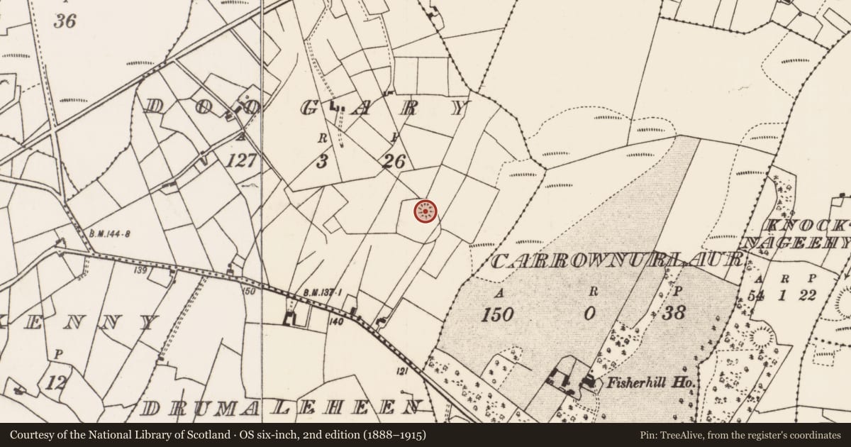 Ordnance Survey six-inch map, 2nd edition (1888–1915) covering the location of Earthwork, Doogary (Carra By., Breaghwy Par.), County Mayo, with a pin at the register's coordinates