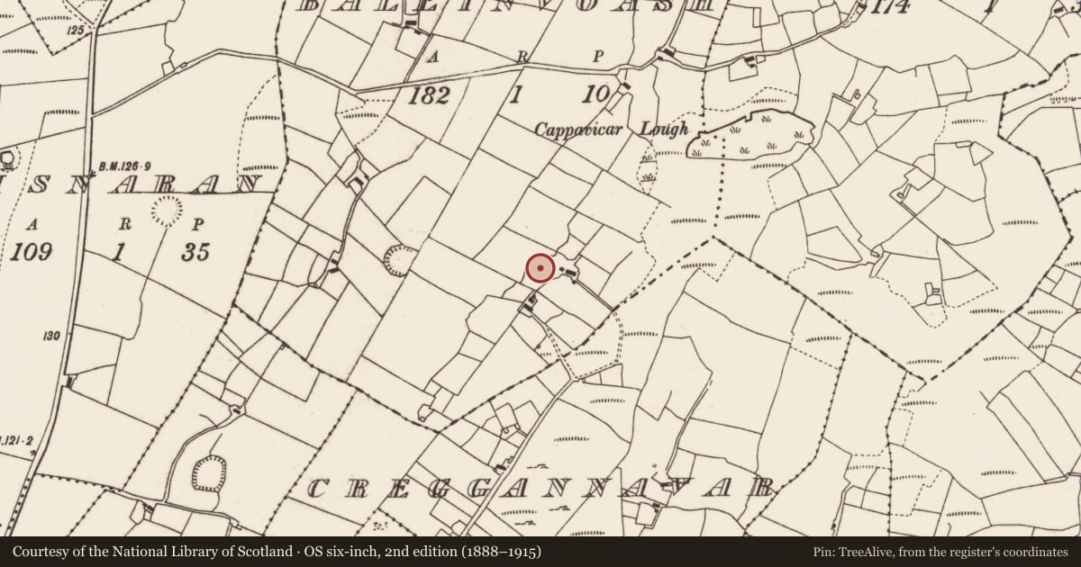 Ordnance Survey six-inch map, 2nd edition (1888–1915) covering the location of Enclosure, Ballinvoash, County Mayo, with a pin at the register's coordinates