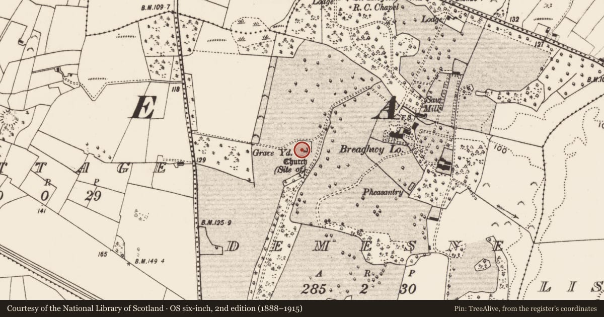 Ordnance Survey six-inch map, 2nd edition (1888–1915) covering the location of Burial, Demesne, County Mayo, with a pin at the register's coordinates