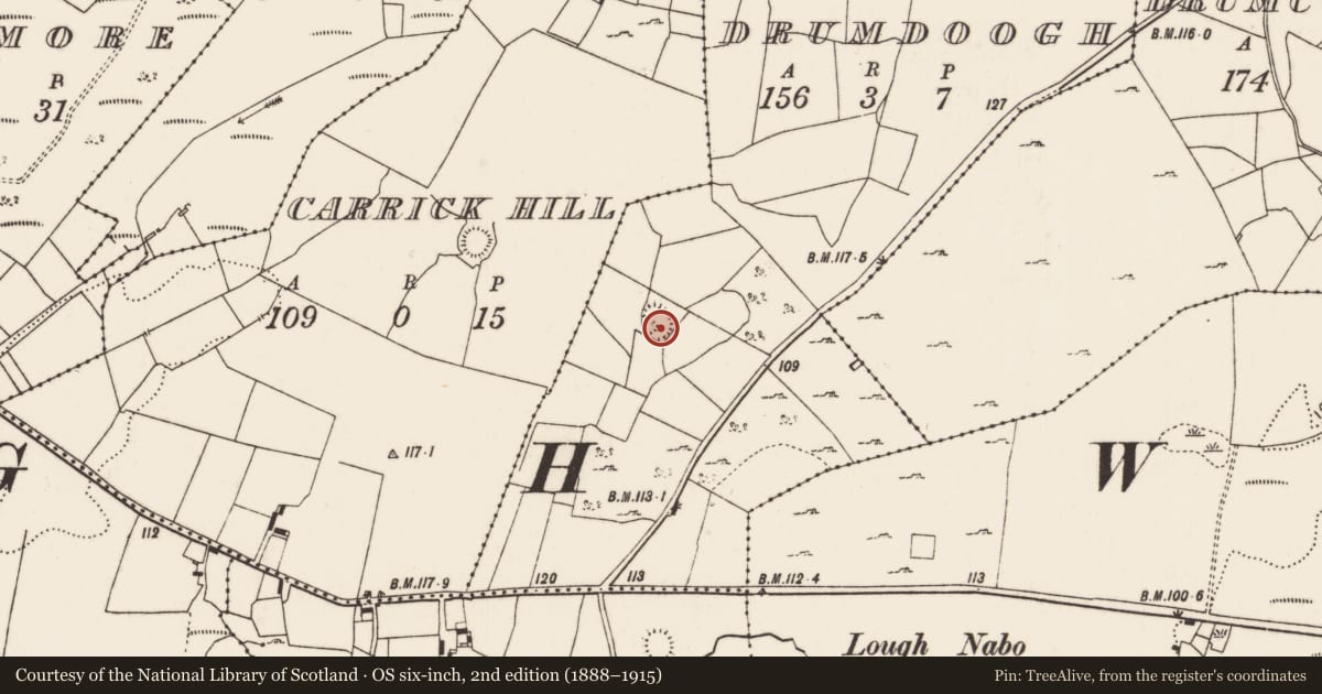 Ordnance Survey six-inch map, 2nd edition (1888–1915) covering the location of Enclosure, Drumdoogh, County Mayo, with a pin at the register's coordinates