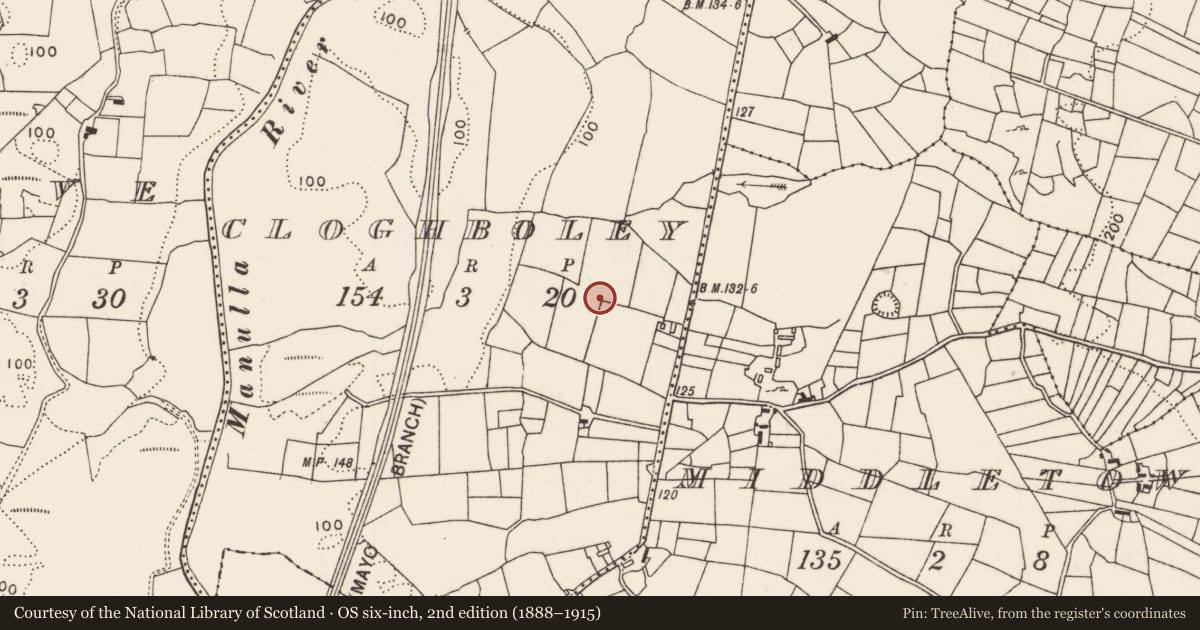 Ordnance Survey six-inch map, 2nd edition (1888–1915) covering the location of Enclosure, Cloghboley, County Mayo, with a pin at the register's coordinates