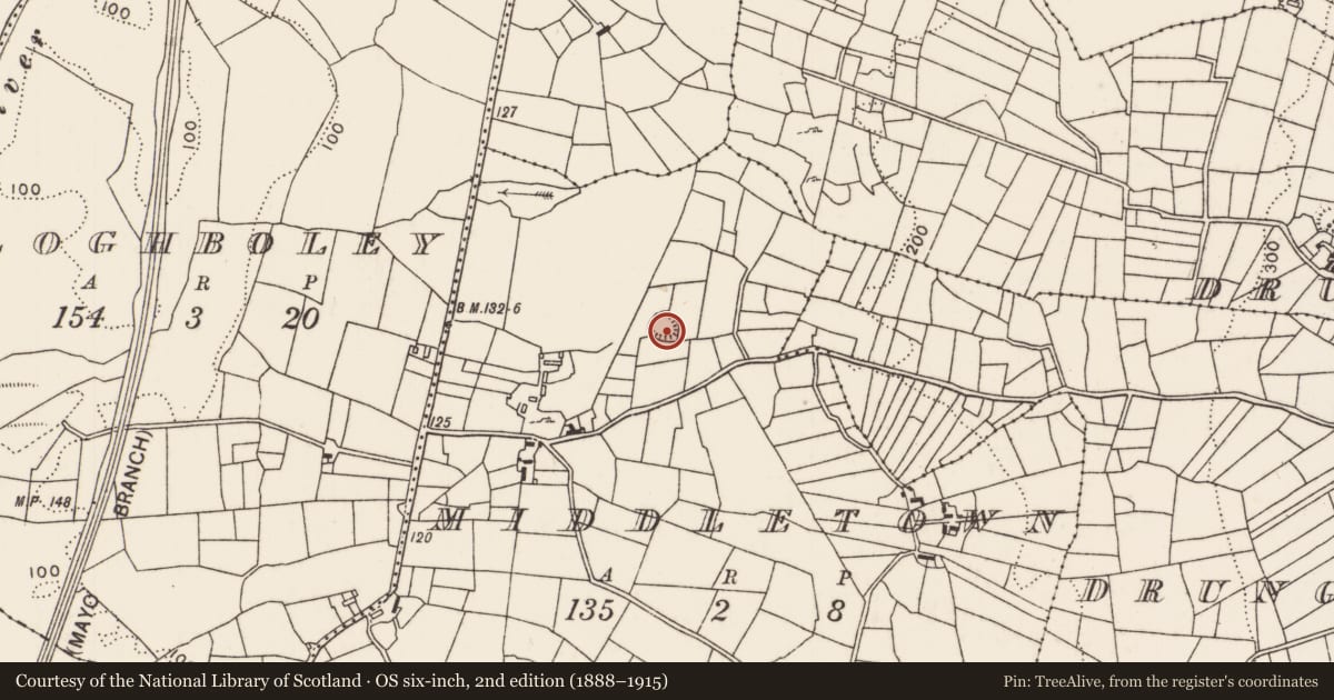 Ordnance Survey six-inch map, 2nd edition (1888–1915) covering the location of Ringfort - rath, Middletown, County Mayo, with a pin at the register's coordinates