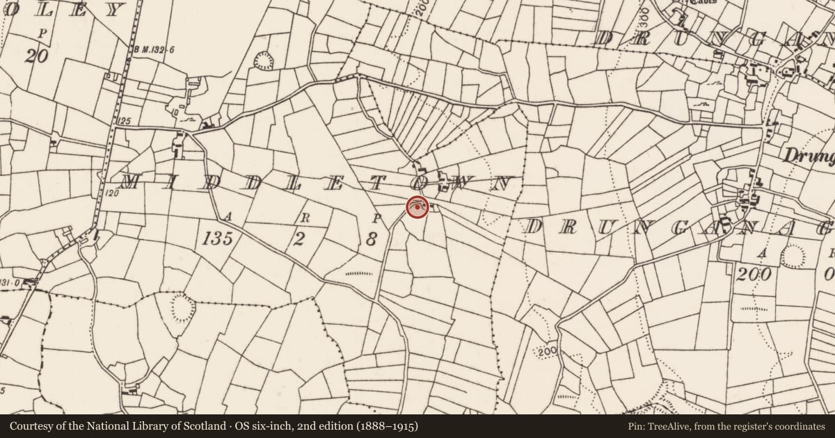 Ordnance Survey six-inch map, 2nd edition (1888–1915) covering the location of Enclosure, Middletown, County Mayo, with a pin at the register's coordinates