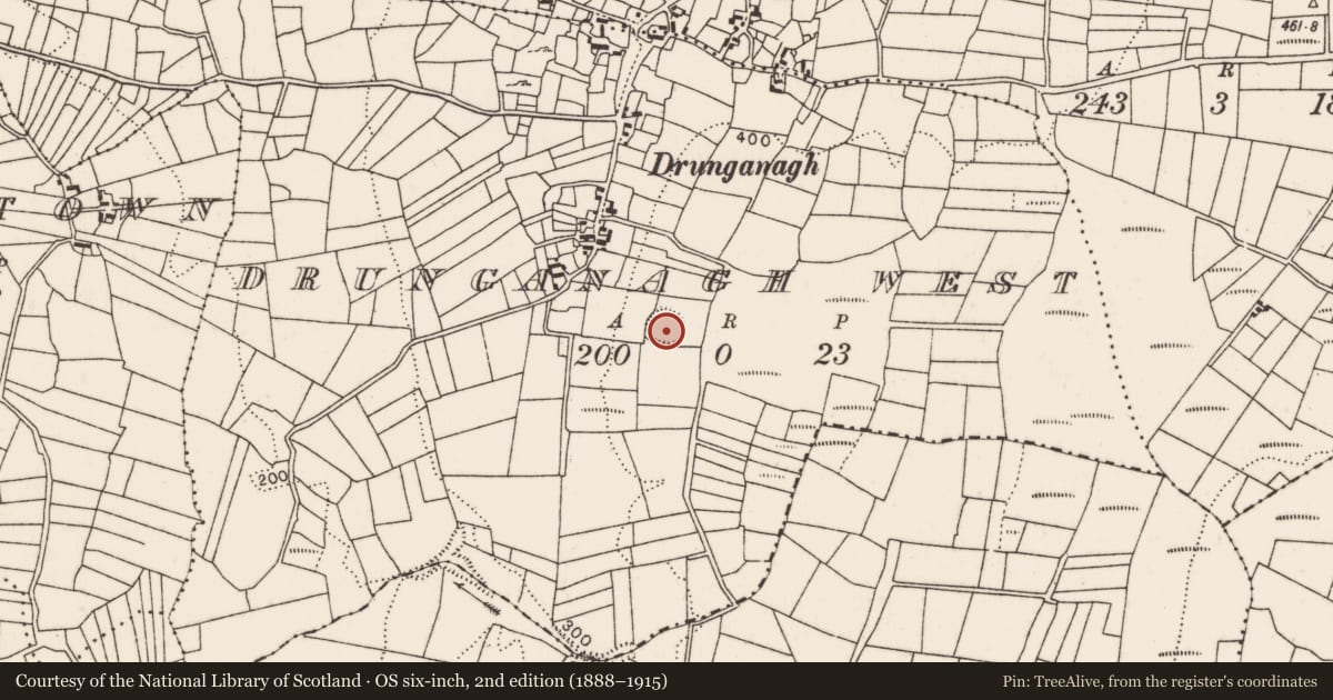 Ordnance Survey six-inch map, 2nd edition (1888–1915) covering the location of Ringfort - rath, Drunganagh West, County Mayo, with a pin at the register's coordinates