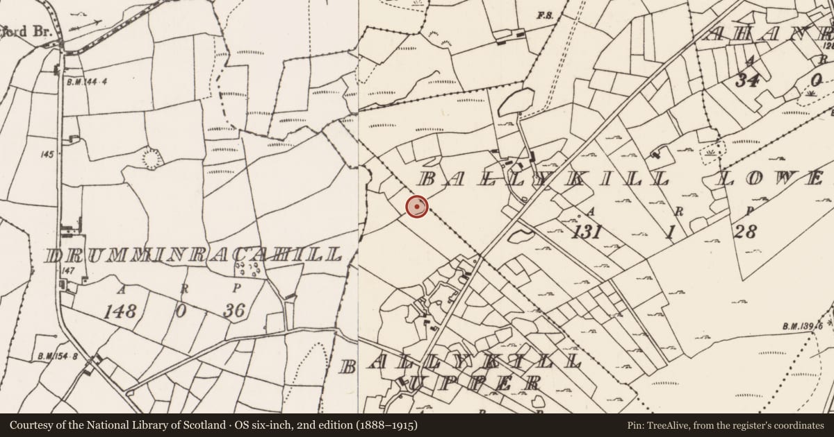 Ordnance Survey six-inch map, 2nd edition (1888–1915) covering the location of Enclosure, Ballykill Upper, County Mayo, with a pin at the register's coordinates