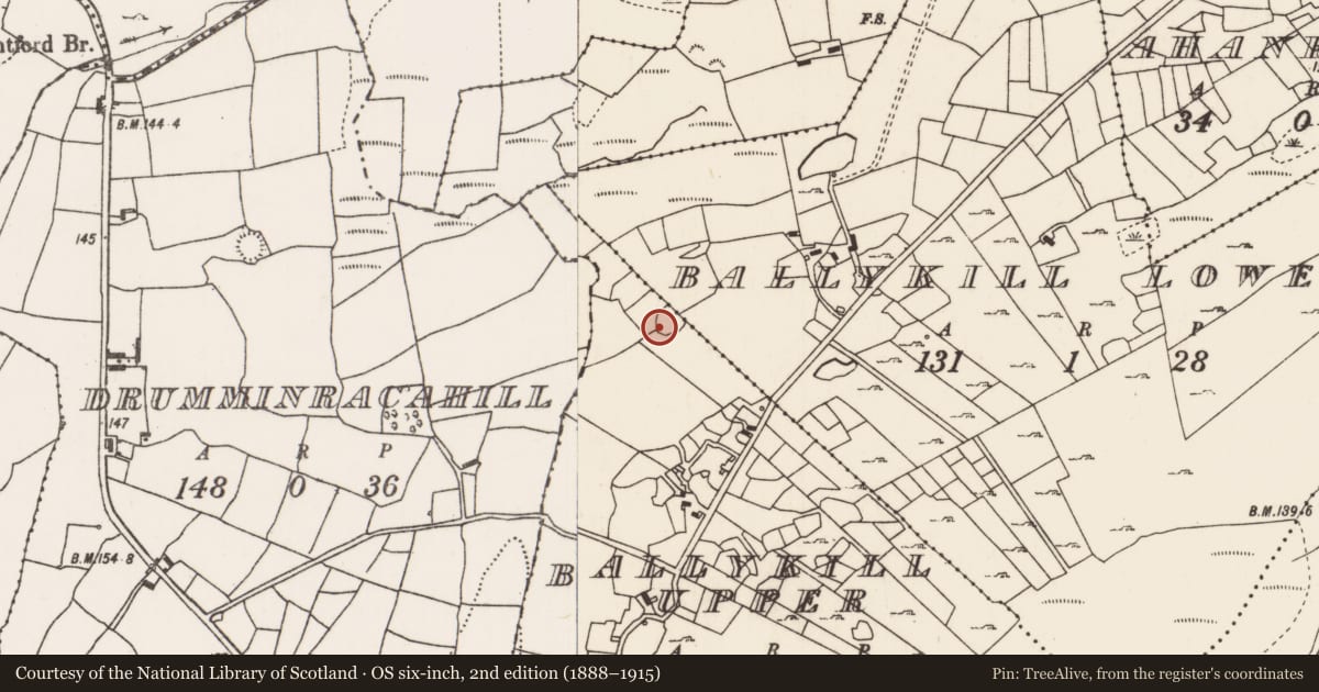Ordnance Survey six-inch map, 2nd edition (1888–1915) covering the location of Souterrain, Ballykill Upper, County Mayo, with a pin at the register's coordinates