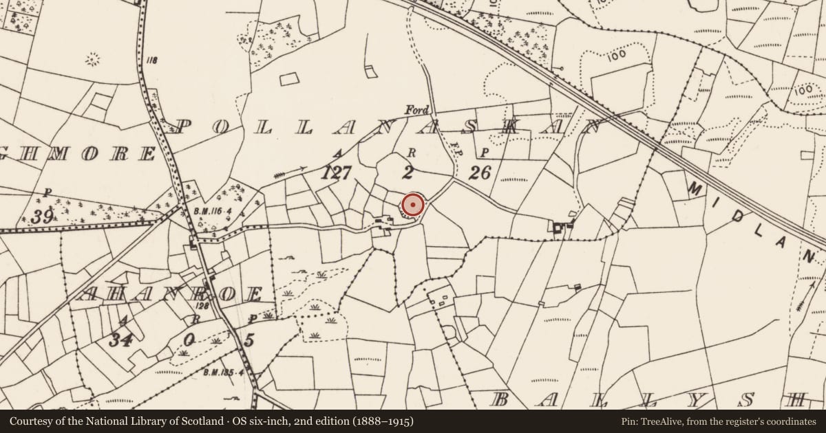 Ordnance Survey six-inch map, 2nd edition (1888–1915) covering the location of Souterrain, Pollanaskan, County Mayo, with a pin at the register's coordinates