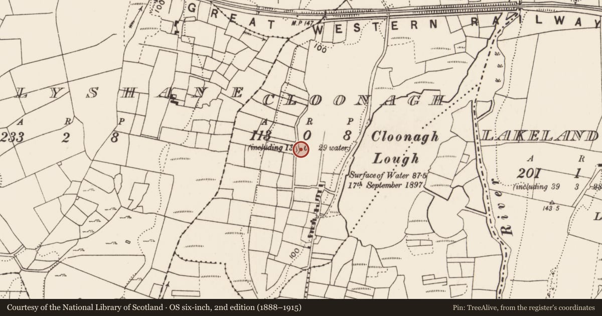 Ordnance Survey six-inch map, 2nd edition (1888–1915) covering the location of Enclosure, Cloonagh (Carra By., Drum Par.), County Mayo, with a pin at the register's coordinates