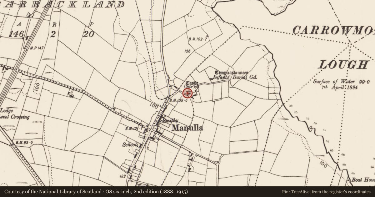 Ordnance Survey six-inch map, 2nd edition (1888–1915) covering the location of Earthwork, Rinnahulty, County Mayo, with a pin at the register's coordinates