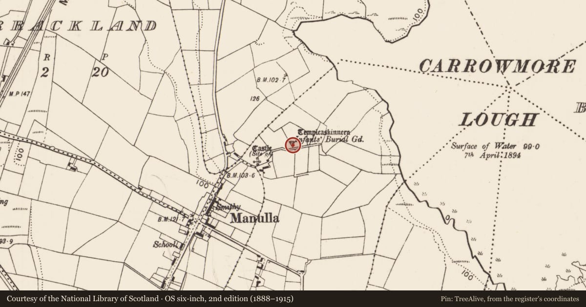 Ordnance Survey six-inch map, 2nd edition (1888–1915) covering the location of Church, Rinnahulty, County Mayo, with a pin at the register's coordinates