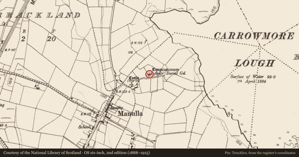 Ordnance Survey six-inch map, 2nd edition (1888–1915) covering the location of Children's burial ground, Rinnahulty, County Mayo, with a pin at the register's coordinates