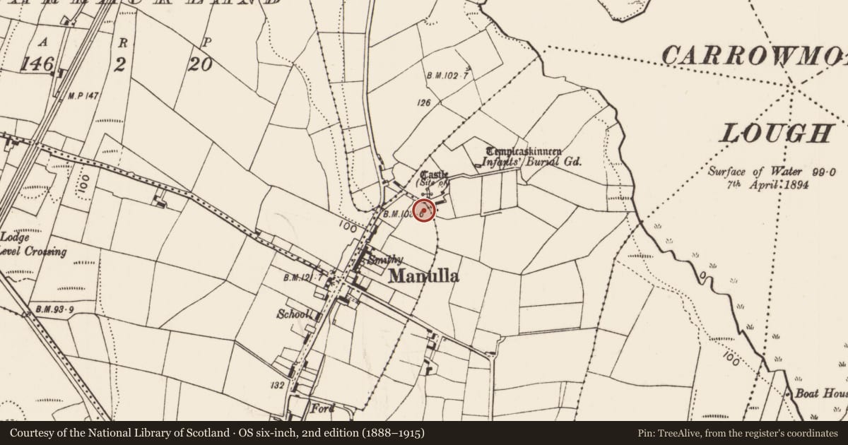 Ordnance Survey six-inch map, 2nd edition (1888–1915) covering the location of Ritual site - holy well, Manulla, Rinnahulty, County Mayo, with a pin at the register's coordinates