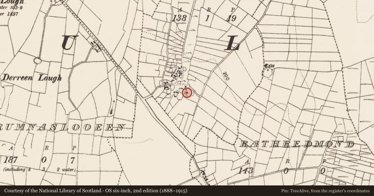 Ordnance Survey six-inch map, 2nd edition (1888–1915) covering the location of Ringfort - rath, Carrowkeel (Carra By., Manulla Par.), County Mayo, with a pin at the register's coordinates