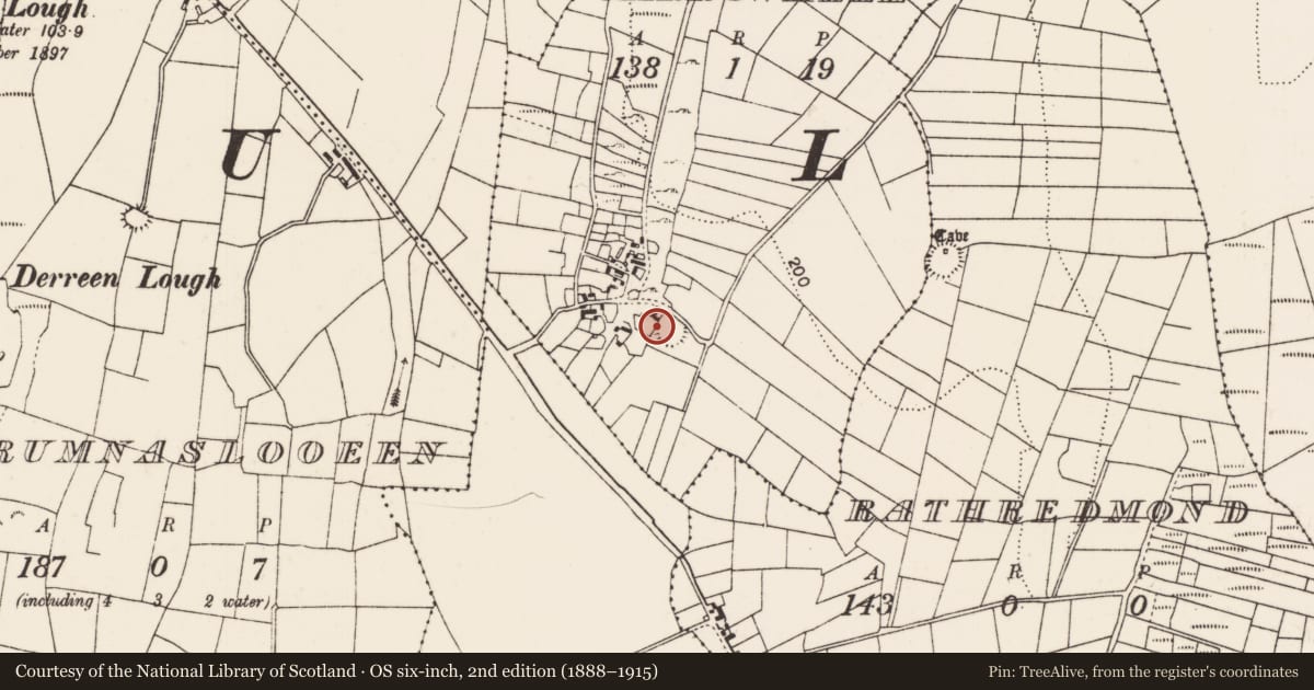 Ordnance Survey six-inch map, 2nd edition (1888–1915) covering the location of Souterrain, Carrowkeel (Carra By., Manulla Par.), County Mayo, with a pin at the register's coordinates