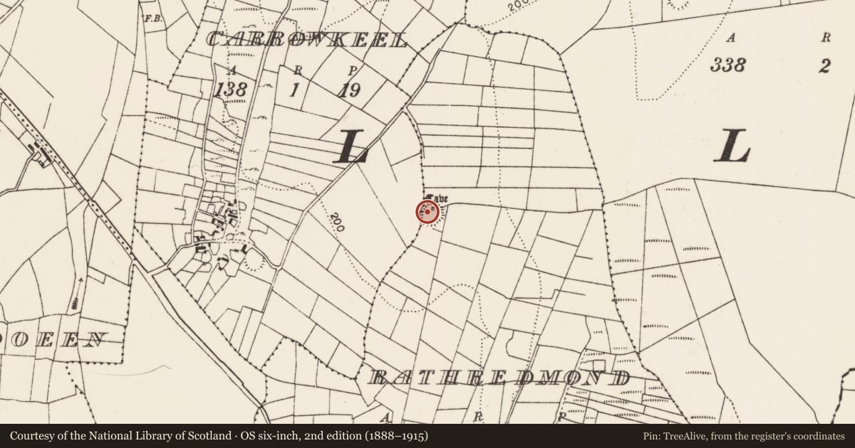 Ordnance Survey six-inch map, 2nd edition (1888–1915) covering the location of Souterrain, Rathredmond, County Mayo, with a pin at the register's coordinates