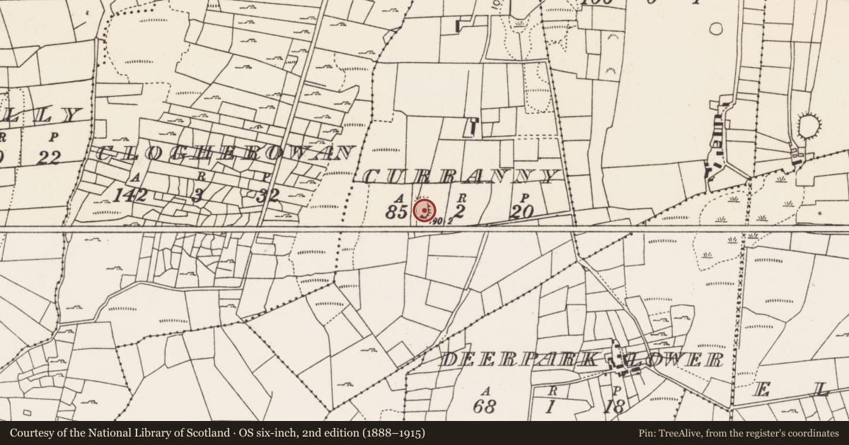 Ordnance Survey six-inch map, 2nd edition (1888–1915) covering the location of Souterrain, Curranny, County Mayo, with a pin at the register's coordinates