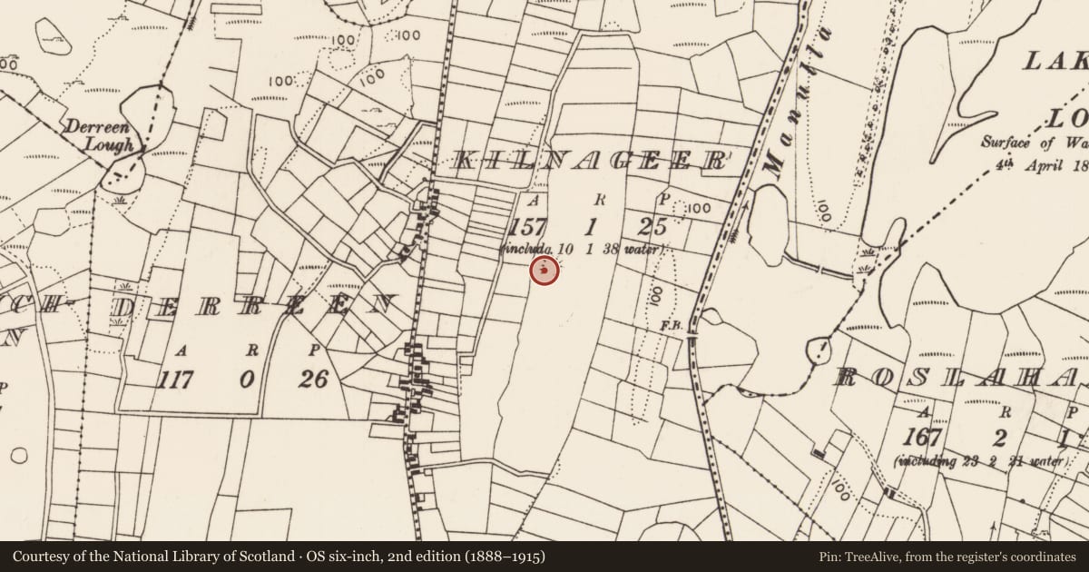 Ordnance Survey six-inch map, 2nd edition (1888–1915) covering the location of Ringfort - rath, Kilnageer, County Mayo, with a pin at the register's coordinates