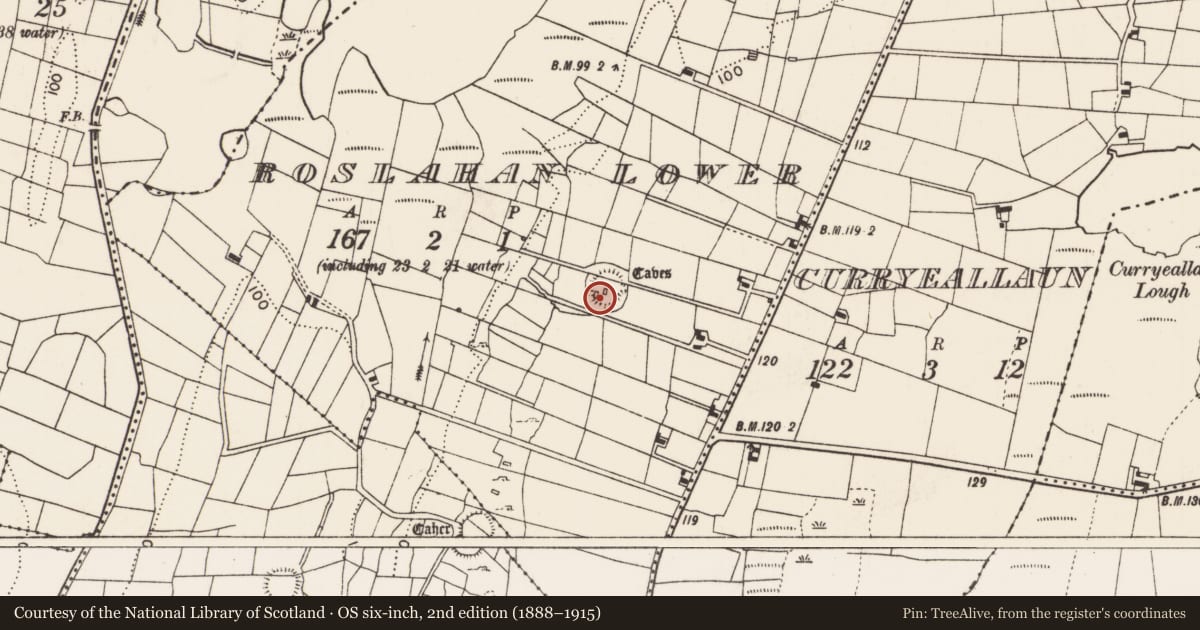 Ordnance Survey six-inch map, 2nd edition (1888–1915) covering the location of Souterrain, Roslahan Lower, County Mayo, with a pin at the register's coordinates