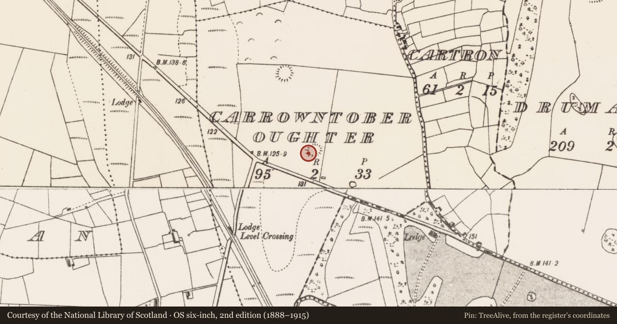 Ordnance Survey six-inch map, 2nd edition (1888–1915) covering the location of Enclosure, Carrowntober Oughter, County Mayo, with a pin at the register's coordinates
