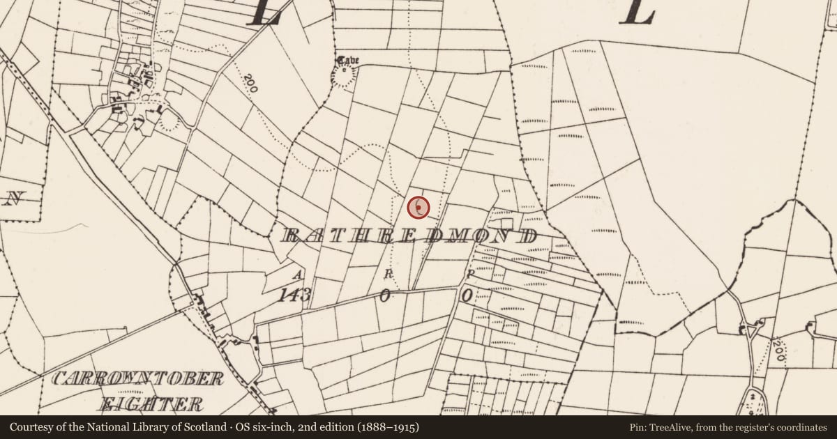 Ordnance Survey six-inch map, 2nd edition (1888–1915) covering the location of Enclosure, Rathredmond, County Mayo, with a pin at the register's coordinates