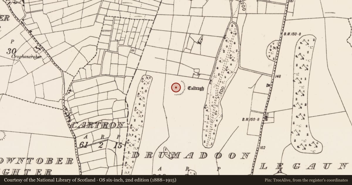 Ordnance Survey six-inch map, 2nd edition (1888–1915) covering the location of Enclosure, Drumadoon, County Mayo, with a pin at the register's coordinates