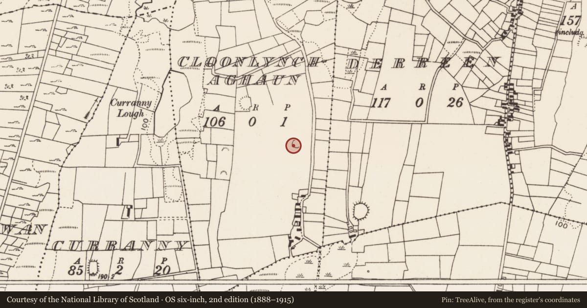 Ordnance Survey six-inch map, 2nd edition (1888–1915) covering the location of Enclosure, Cloonlynchaghaun, County Mayo, with a pin at the register's coordinates