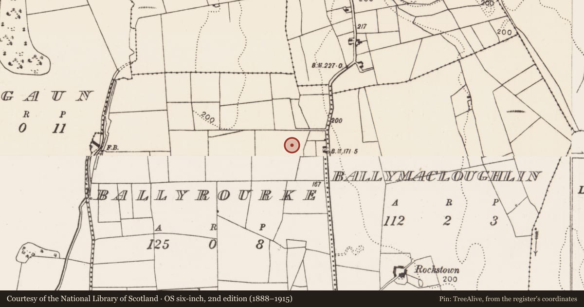 Ordnance Survey six-inch map, 2nd edition (1888–1915) covering the location of Barrow - unclassified, Ballyrourke, County Mayo, with a pin at the register's coordinates