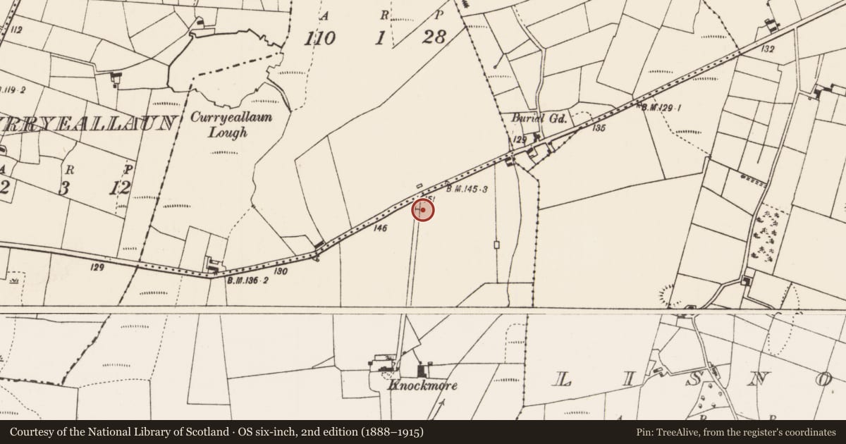 Ordnance Survey six-inch map, 2nd edition (1888–1915) covering the location of Souterrain, Knockmore Oughter, County Mayo, with a pin at the register's coordinates